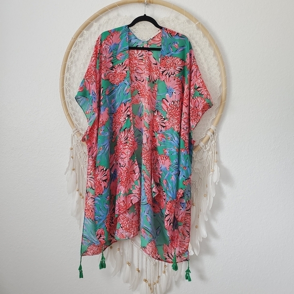 Do Everything In Love Floral Kimono Swim Coverup Boho Tassels Green Pink O/S - Picture 4 of 10